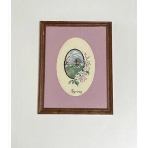 Vtg “SPRING” Cross Stitch Wishing Well Scene Pink Flowers Wood Framed Matted